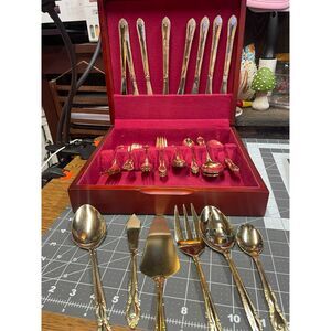 Vintage Gold Tone Flatware Serving Set with Wooden Storage Chest